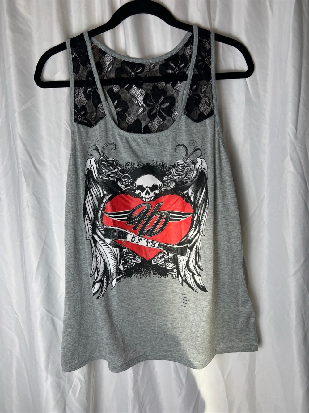 HARLEY DAVIDSON Grey Lace-Back Graphic Tank Top with Red Heart Detail